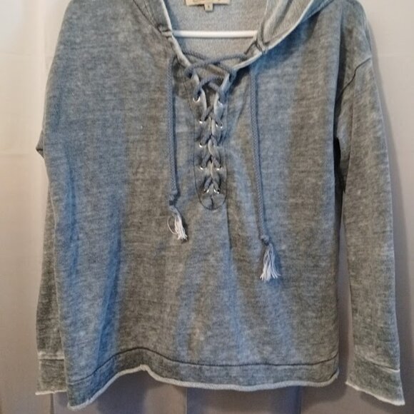 VINTAGE HAVANA Hoodie Sweatshirt Small Gray Lace-up henley Soft terry pullover - Picture 2 of 8